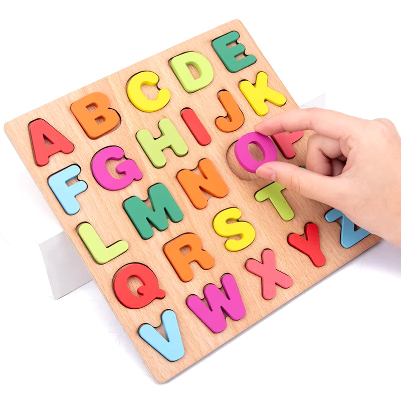 Wooden Puzzle Alphabet Number Shape Matching Board Baby Early Learning 3D Puzzle Preschool Educational Toys for Children