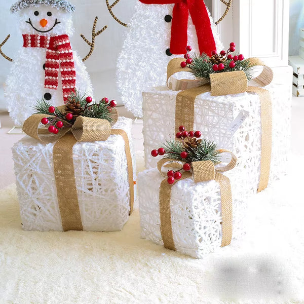 3Pcs/Set Christmas Decoration Gift Box Christmas Tree Ornaments Luminous Iron Art Home Outdoor Christmas Decorations Mall