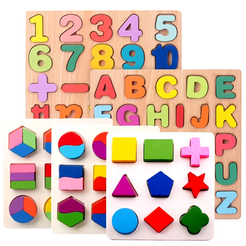 Wooden Puzzle Alphabet Number Shape Matching Board Baby Early Learning 3D Puzzle Preschool Educational Toys for Children