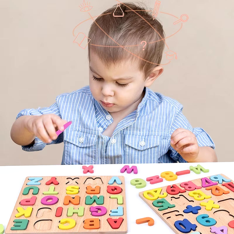 Wooden Puzzle Alphabet Number Shape Matching Board Baby Early Learning 3D Puzzle Preschool Educational Toys for Children