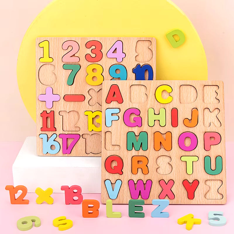 Wooden Puzzle Alphabet Number Shape Matching Board Baby Early Learning 3D Puzzle Preschool Educational Toys for Children