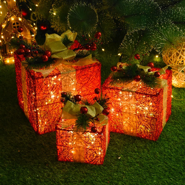 3Pcs/Set Christmas Decoration Gift Box Christmas Tree Ornaments Luminous Iron Art Home Outdoor Christmas Decorations Mall