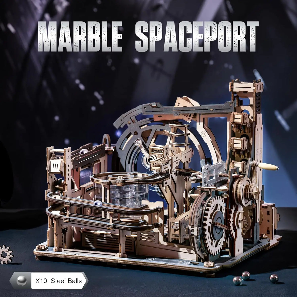 Rokr Electric Model Kits Marble Spaceport 3D Puzzles Brain Teaser Wooden Puzzles Building Toy Gifts for Men/Women/Teens